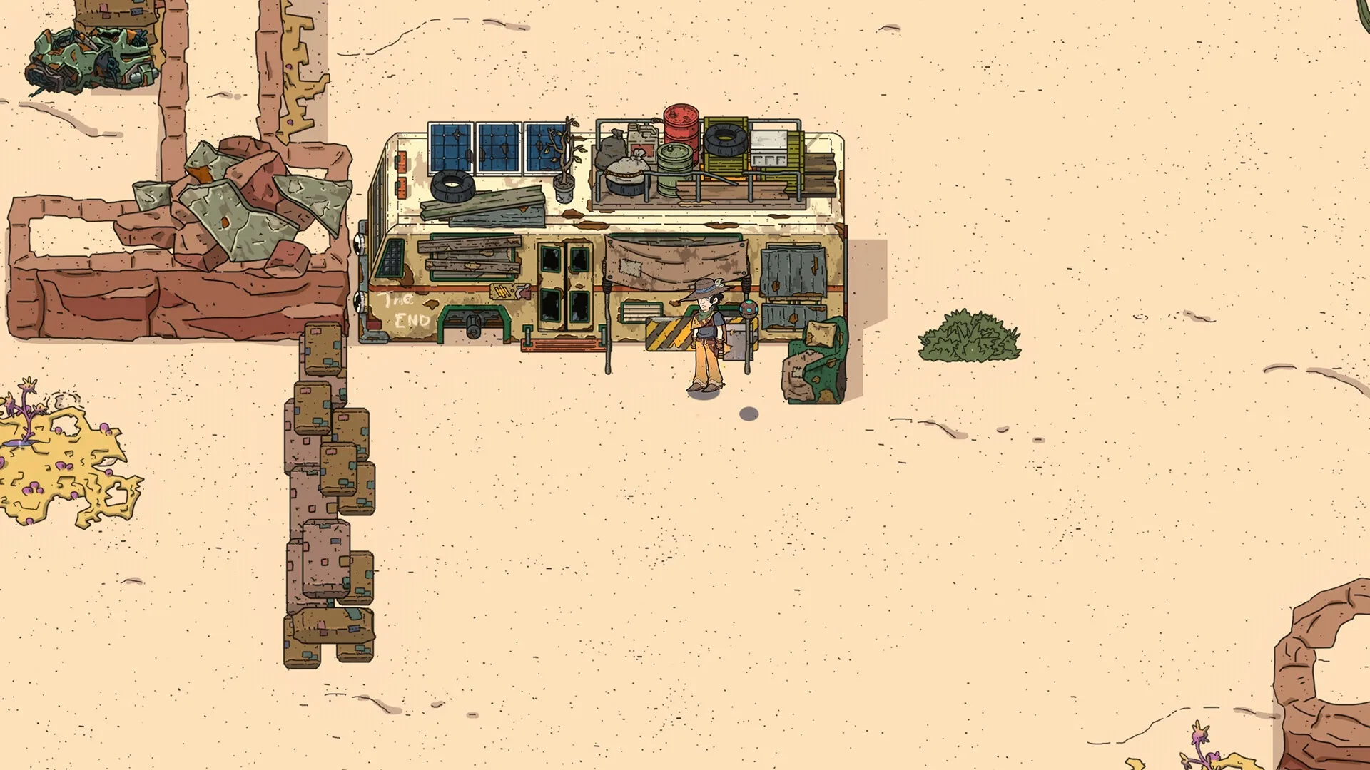 Before Fate: Character stands by an RV in a desert, surrounded by supplies and ruined structures.