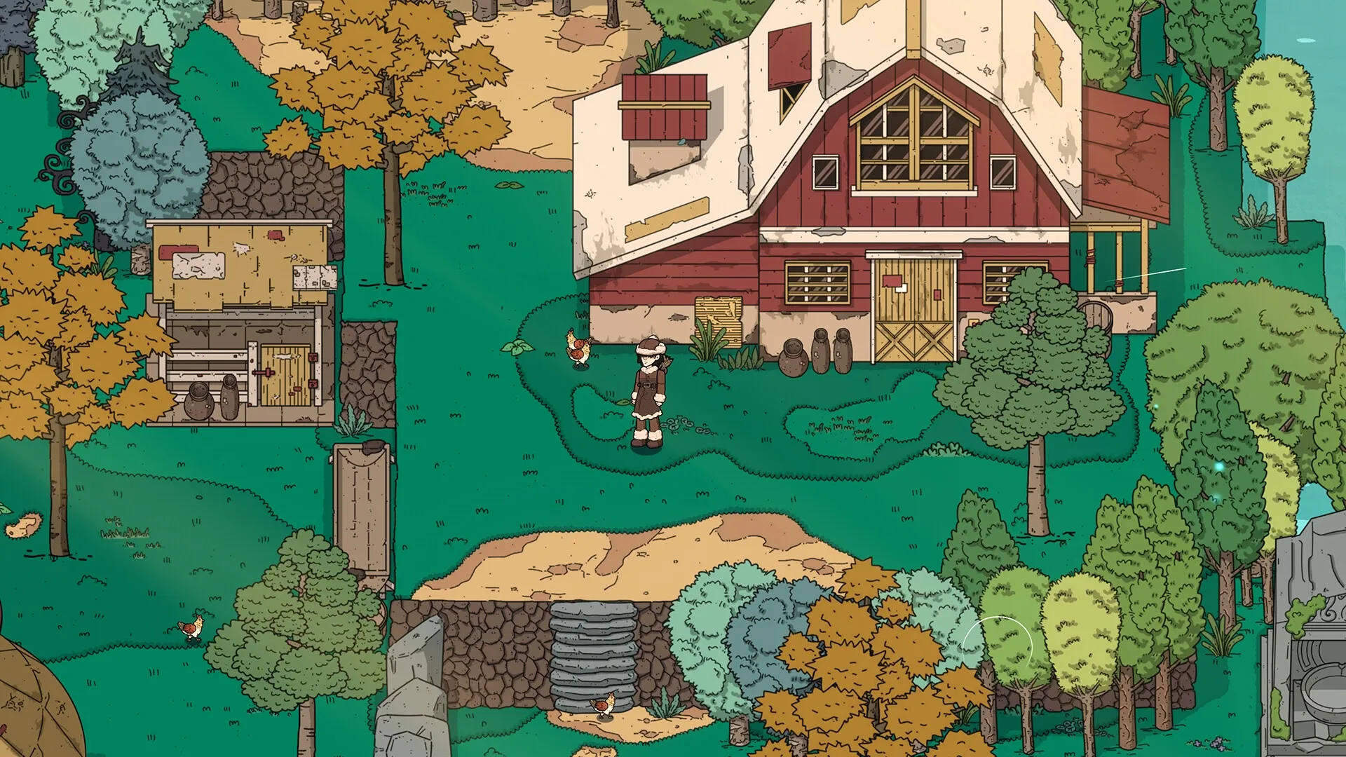 Before Fate: Character exploring farm environment with trees, house, and chickens in vibrant landscape