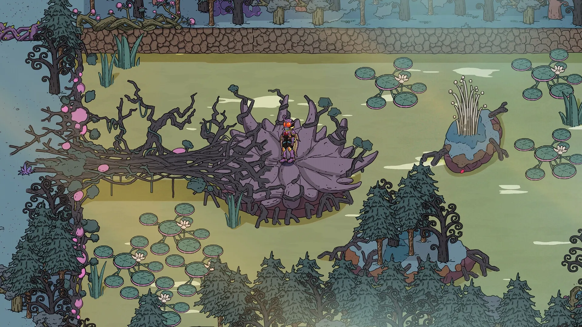 Before Fate: Character stands on giant flower in mystical forest with lily pads and twisted trees nearby