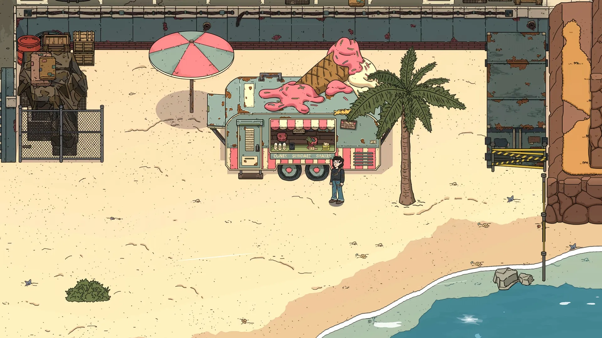 Before Fate: Character stands by ice cream truck on sandy beach near ocean and palm tree