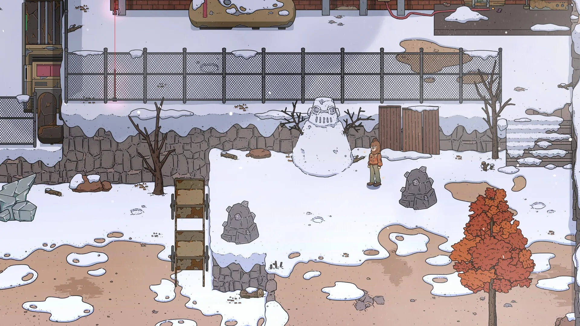 Before Fate: Character in snowy yard with snowman and barren trees, surrounded by fences and debris