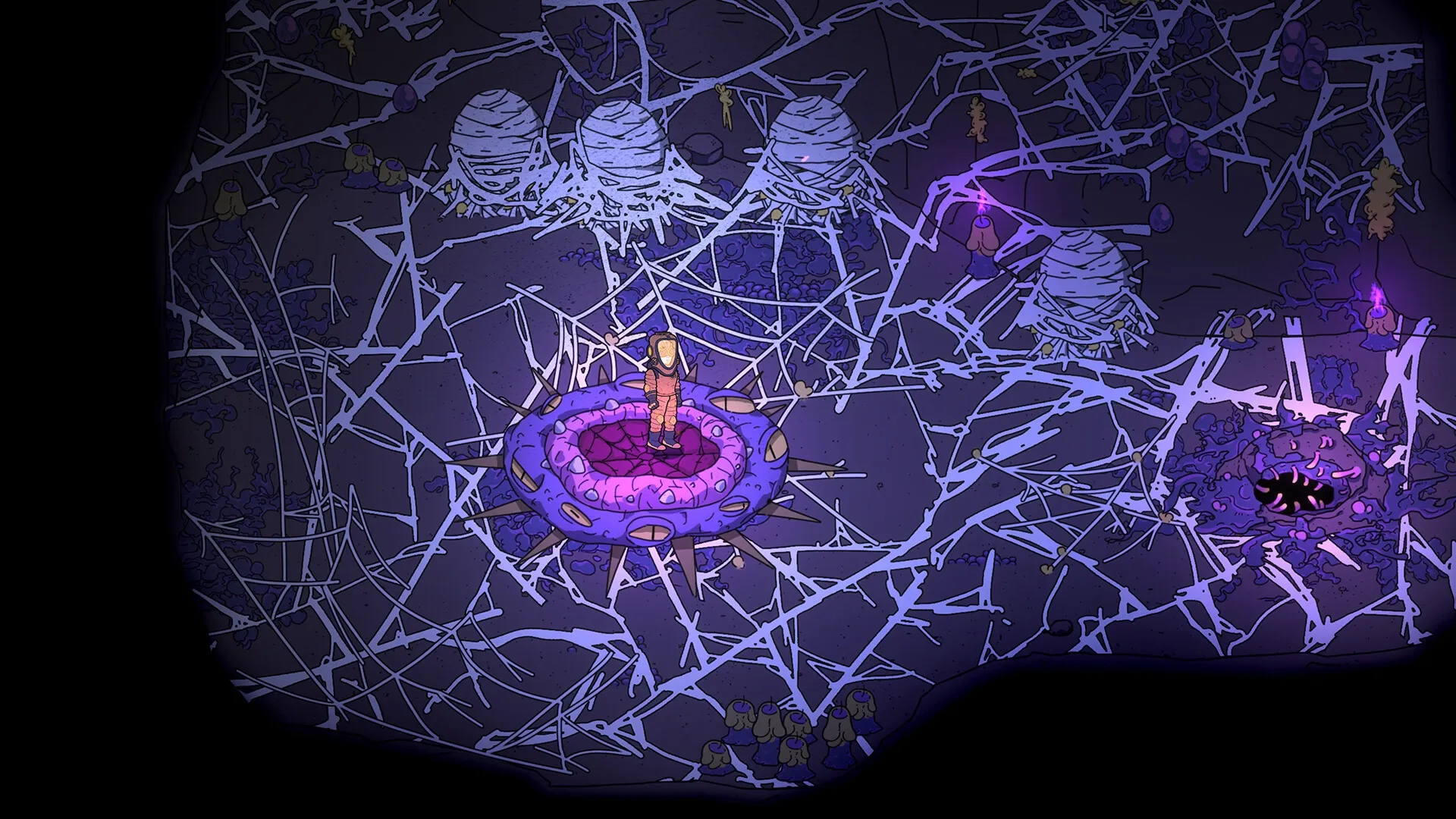 Before Fate: Character stands on circular platform in cavernous area with webs and glowing purple light