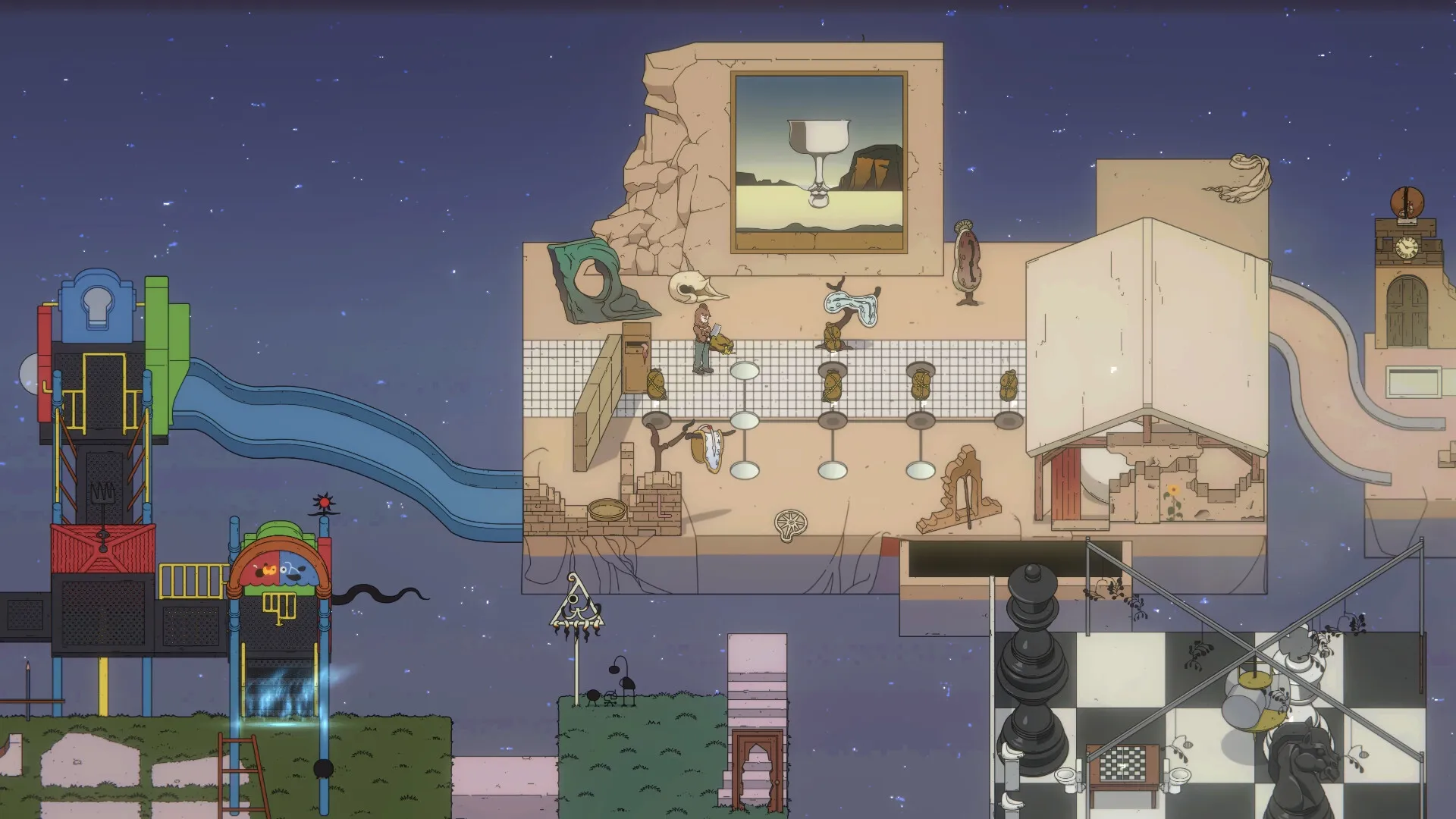 Before Fate: Surreal world exploration with abstract structures and a character interacting with objects