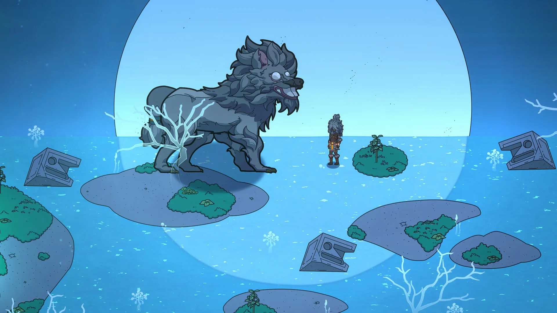 Before Fate: Lone character faces giant mythical beast on floating islands in a serene blue landscape