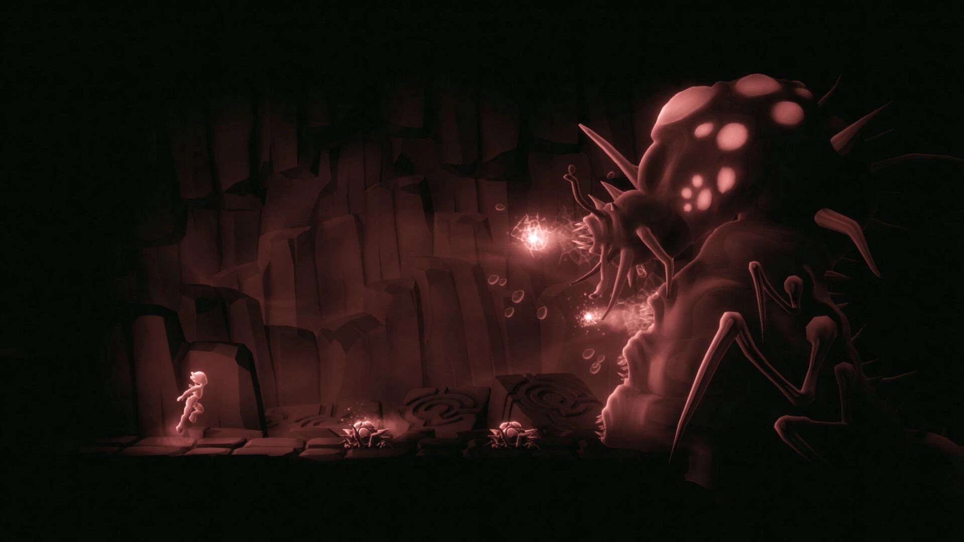 Before I Go: Character faces giant insect-like creature in dark, cavernous environment.