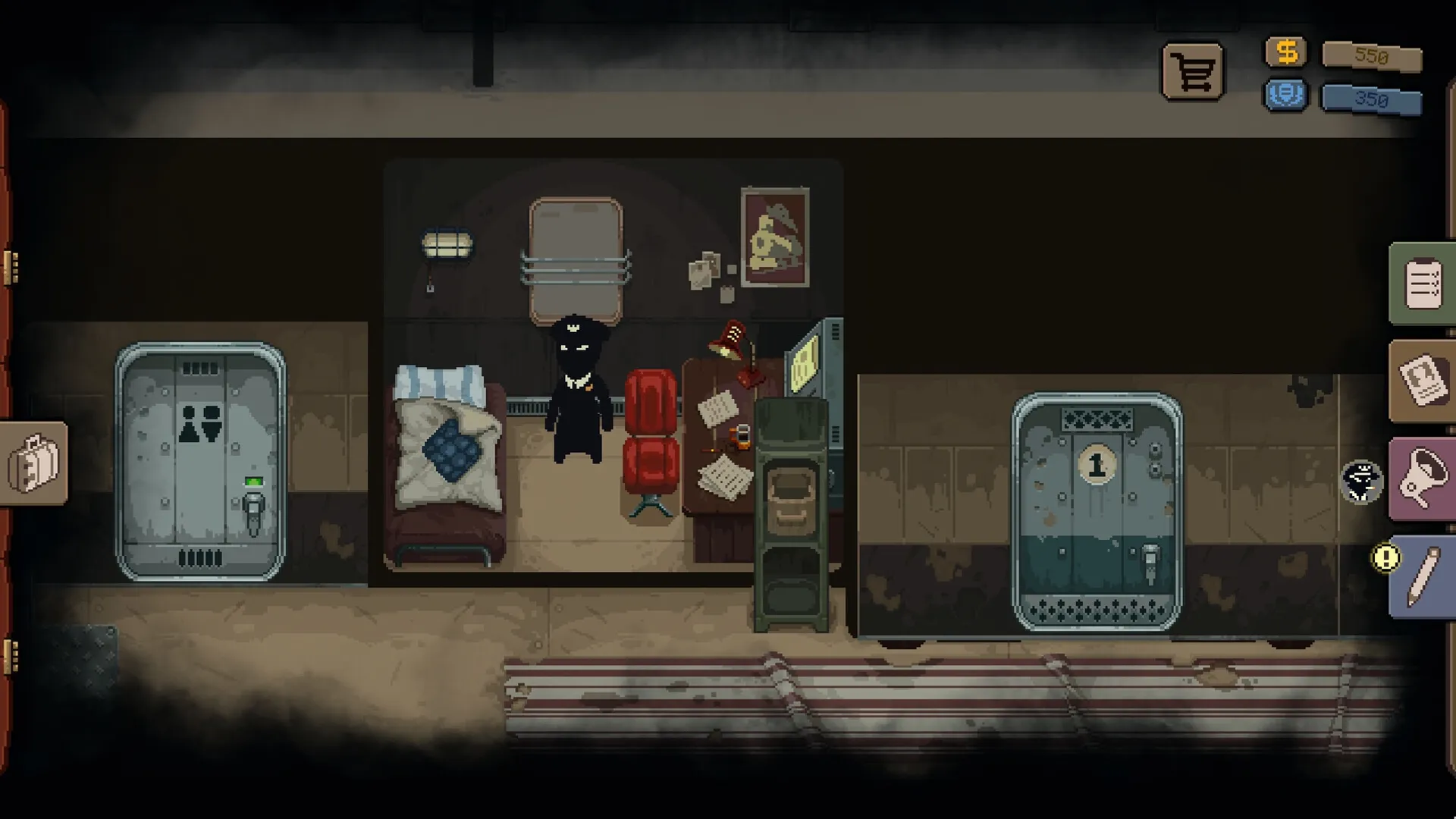 Beholder: Conductor in train cabin with desk, documents, and character by bed in dimly lit room.