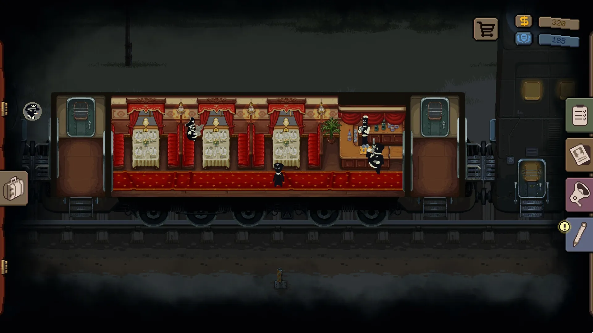 Beholder: Train dining car with passengers seated, conductor monitoring, and UI elements on screen