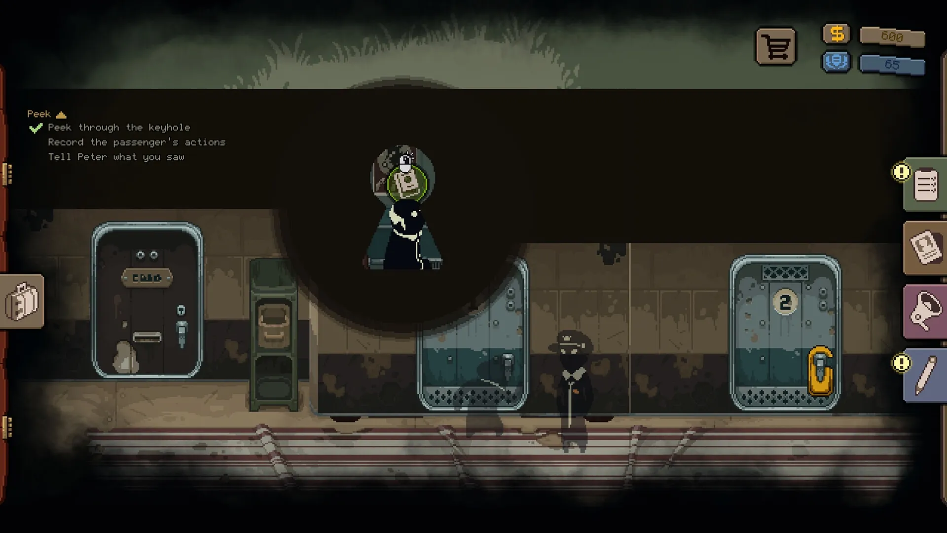 Beholder: Conductor peeks through keyhole at passenger in train corridor with task list and UI elements visible.
