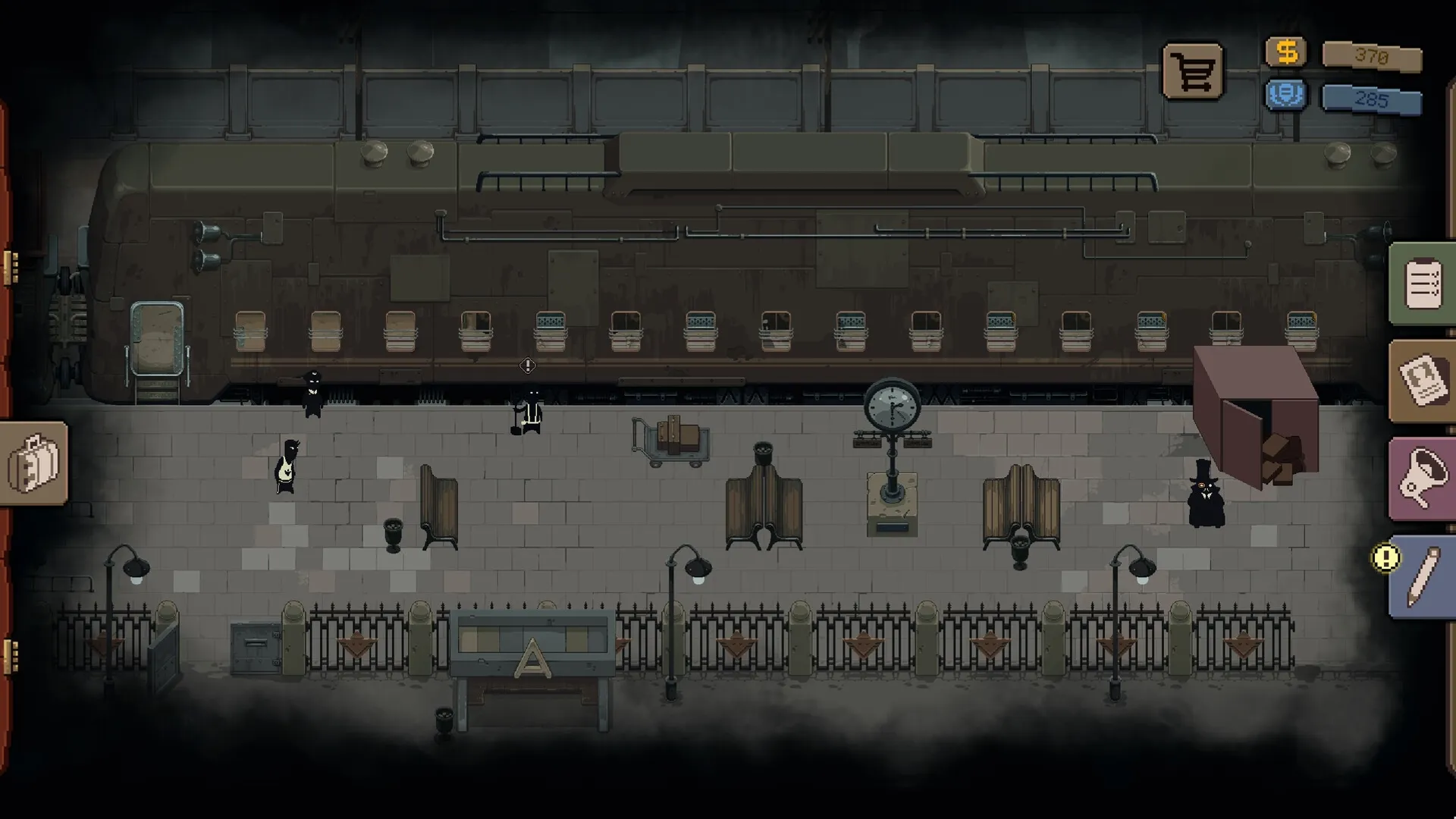 Beholder: Train station platform with characters and UI elements, including a clock and luggage area.