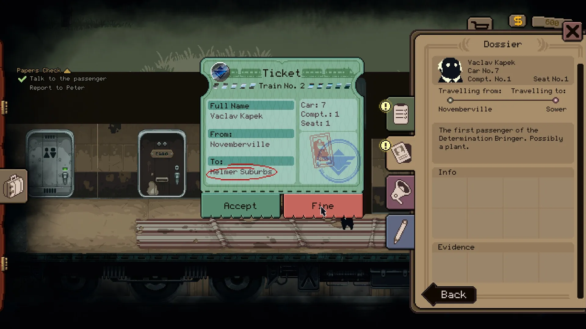 Beholder: Passenger ticket inspection interface on the Determination Bringer train with dossier details