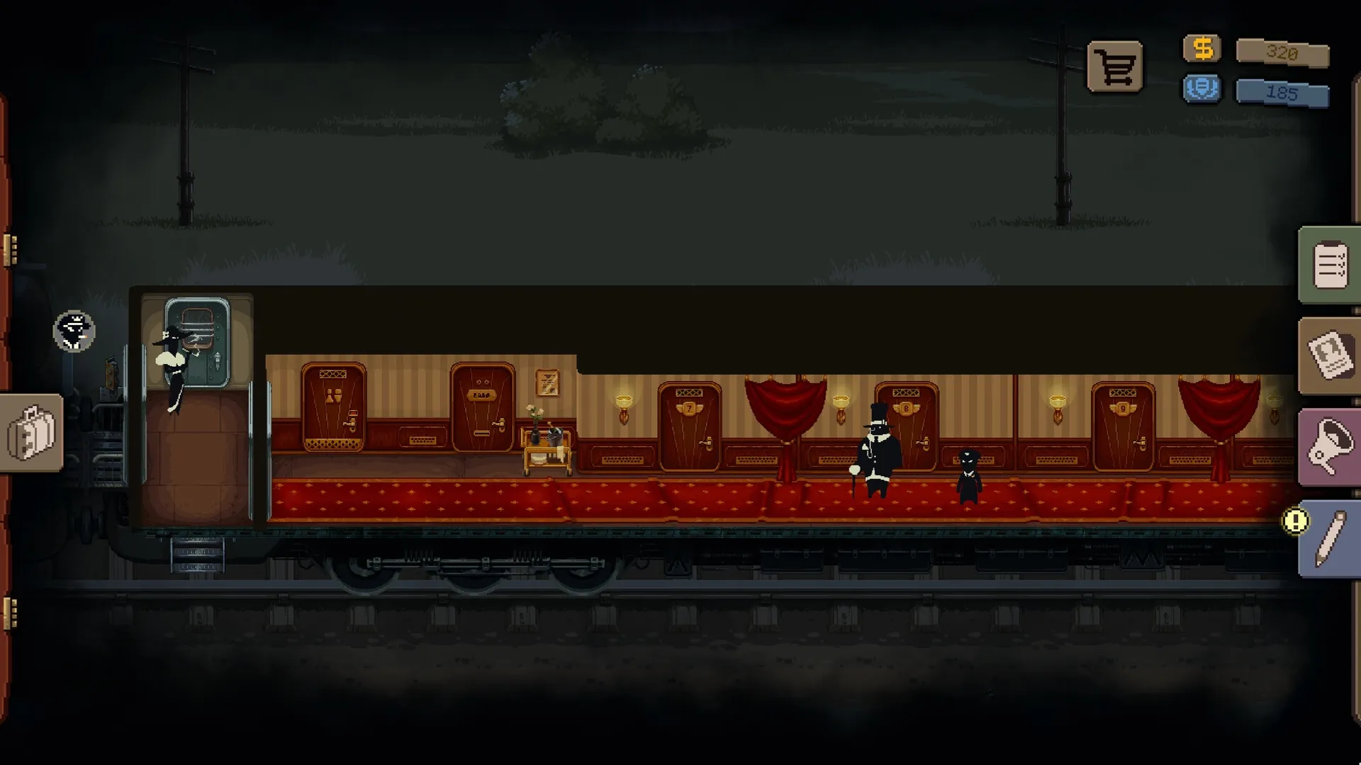 Beholder: Conductor monitoring passengers on train corridor with various cabin doors visible