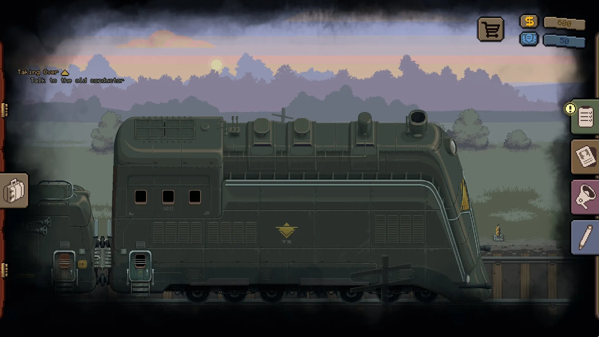 Beholder: Train stopped at station with sunset, UI elements on sides, task to talk to old conductor