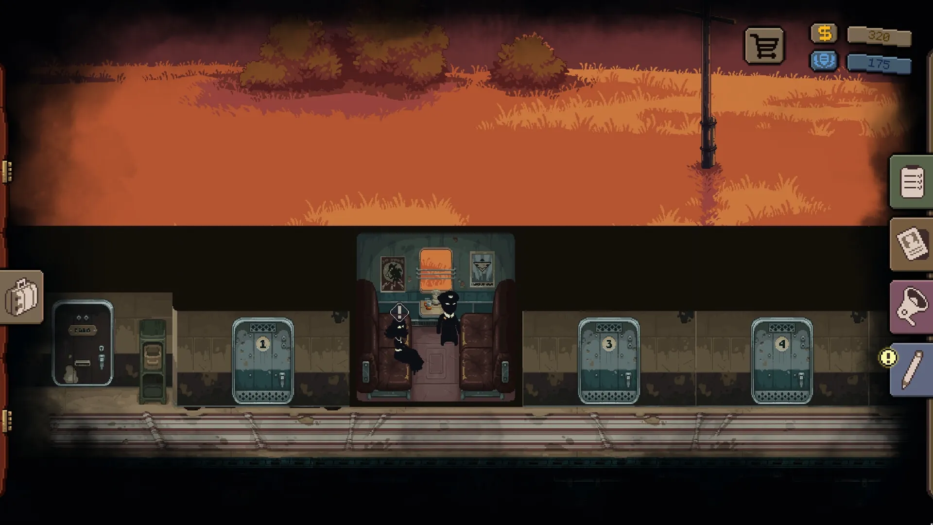 Beholder: Two passengers converse in a train compartment with posters on walls, UI icons on right side.