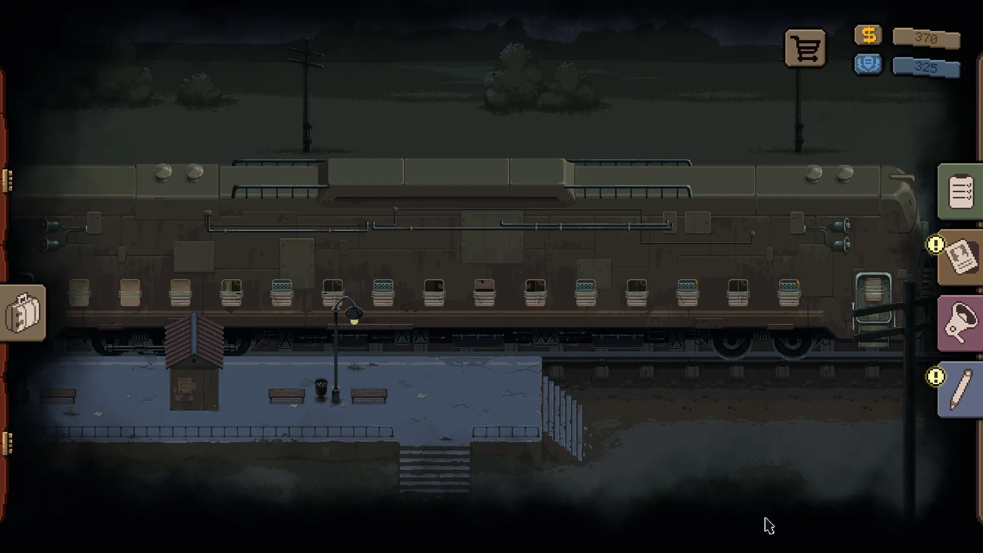 Beholder: Nighttime train station scene with UI elements and action icons visible on screen