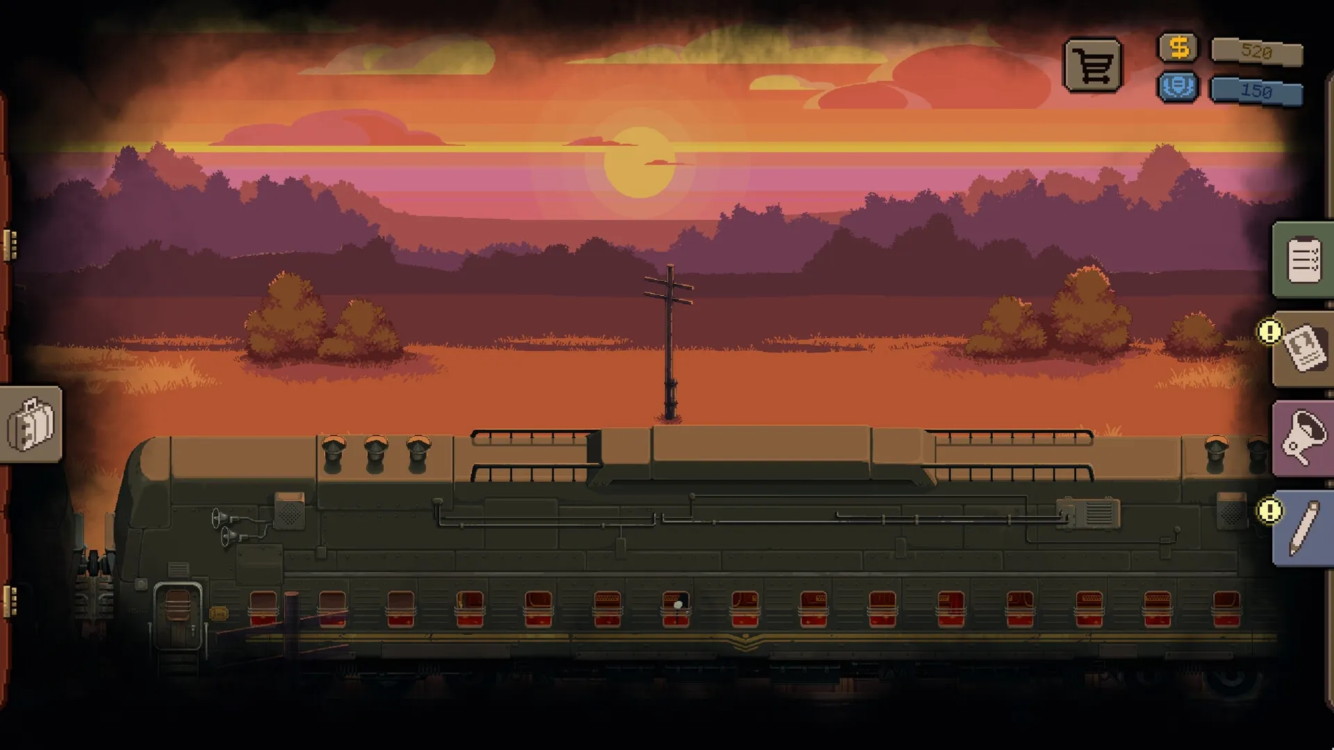Beholder: Train exterior at sunset with UI elements like inventory and task list on screen edges