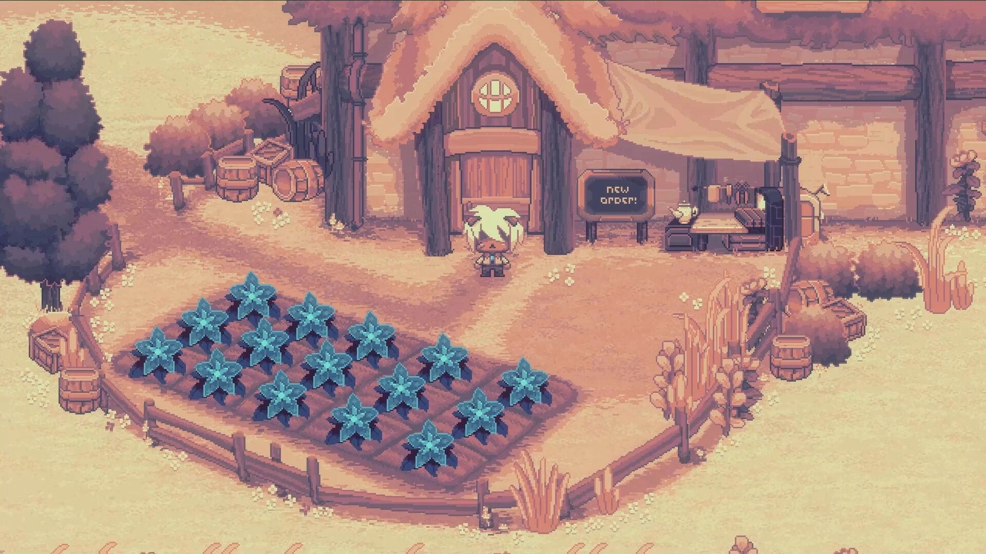 Beloved Bound: Boy stands outside cozy house with blue flower garden and "new order" sign in village