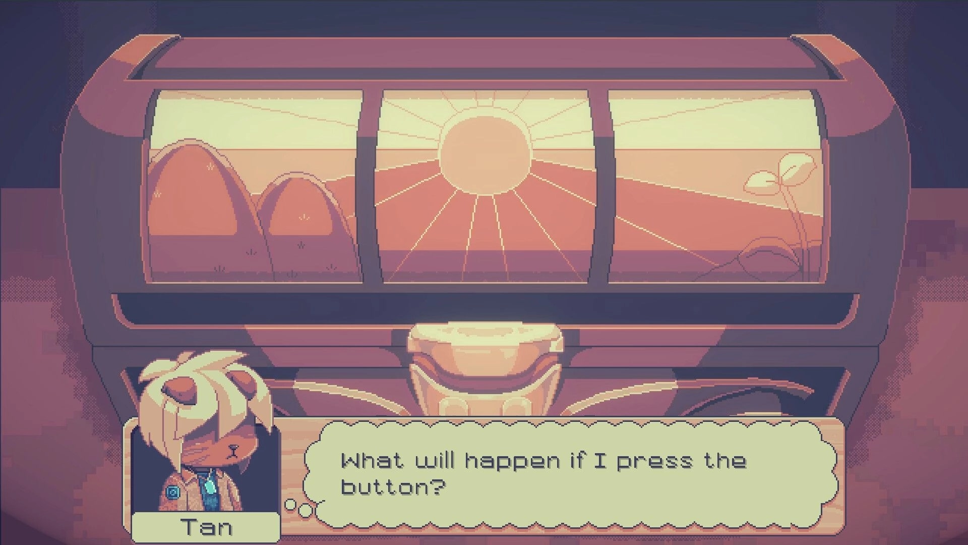 Beloved Bound: Tan pondering a button in futuristic room with sunset view through large windows