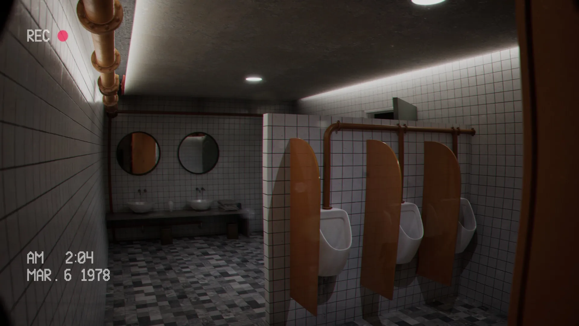 Below, Rusted Gods: Empty tiled restroom with urinals and mirrors, timestamp shows March 6, 1978, 2:04 AM.
