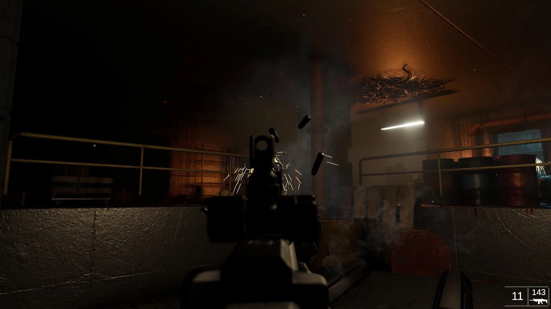 Beneath: First-person firing at shadowy creature in dimly lit industrial setting with bullet casings flying