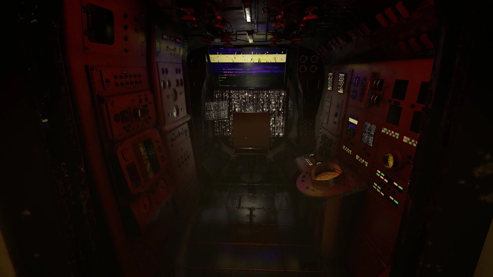 Beneath: Control room interior with vintage consoles, central chair, and glowing monitors in dim light