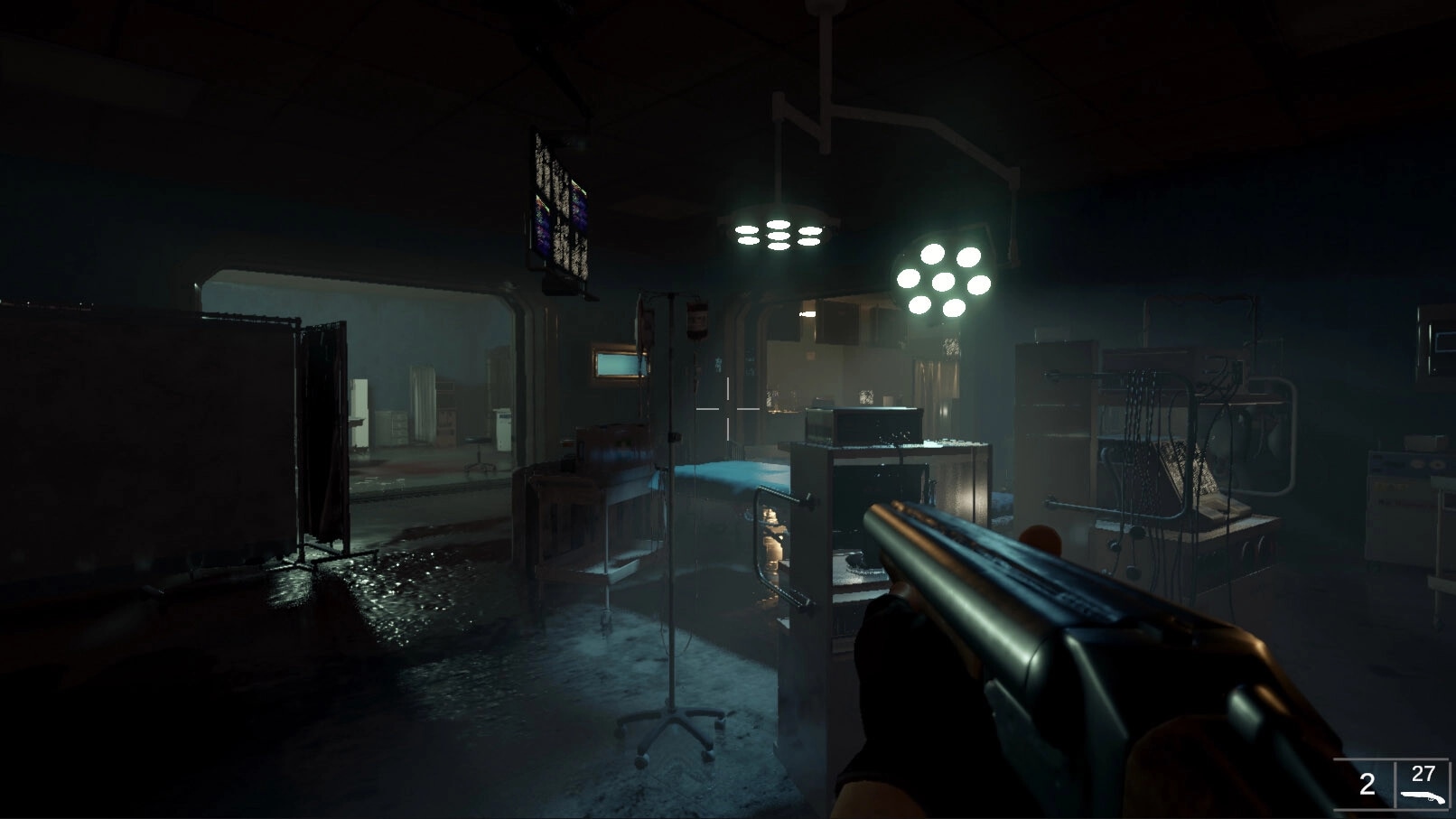 Beneath: First-person view with shotgun in a dimly lit, cluttered medical facility.