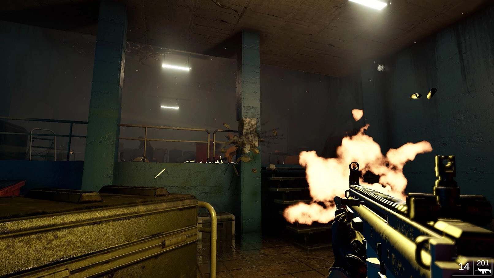 Beneath: Noah Quinn fires an assault rifle in a dimly lit industrial room with debris flying around.