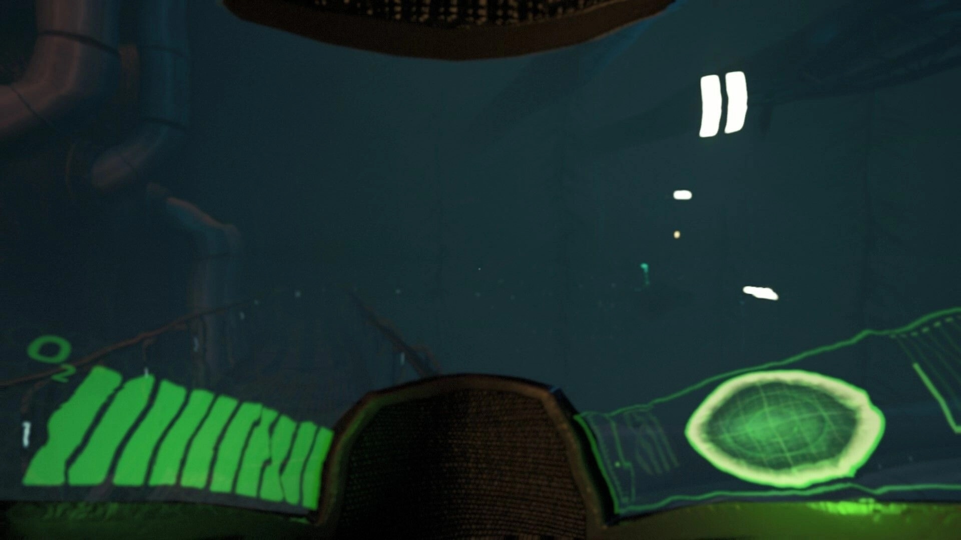 Beneath: Diver's helmet view with oxygen level indicator in a dimly lit underwater environment