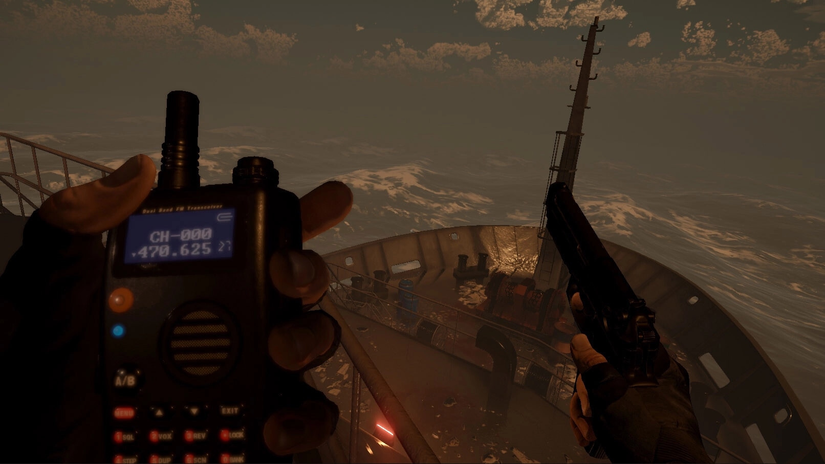 Beneath: Noah Quinn holds a radio and pistol on a stormy ship deck beneath a cloudy sky