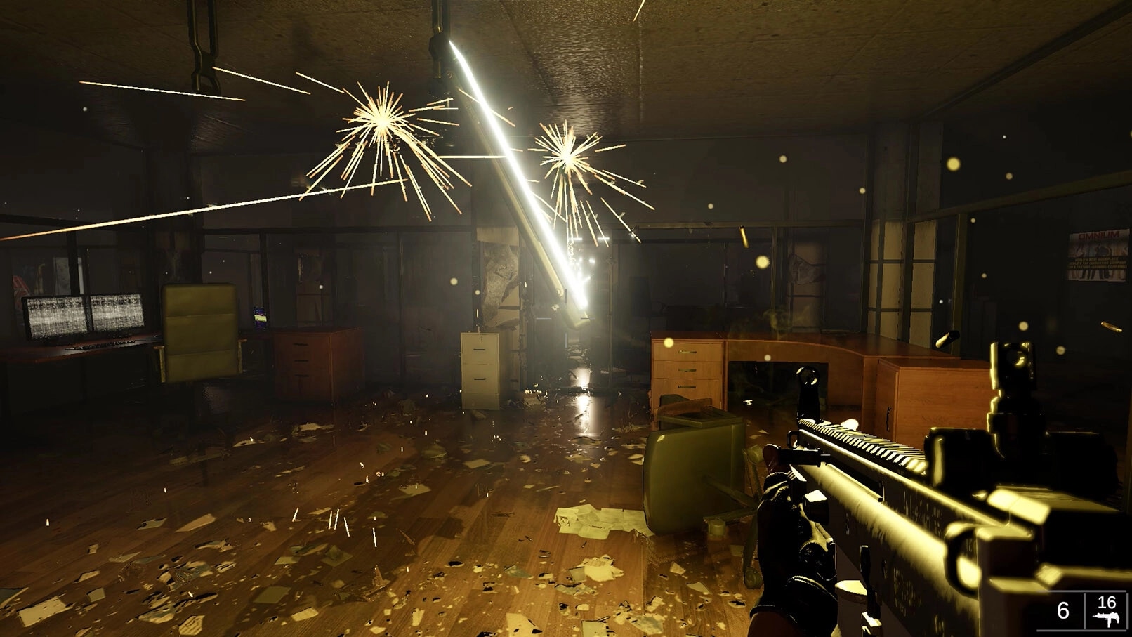 Beneath: Noah Quinn aims rifle in debris-filled office with sparks and broken lights illuminating room