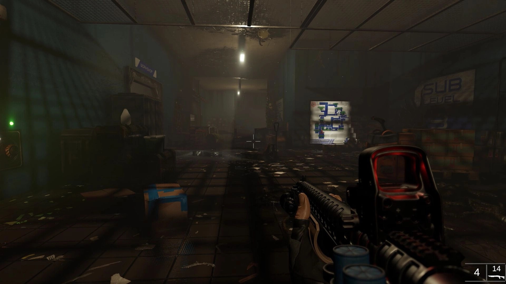Beneath: Noah Quinn explores a dim, cluttered hallway with weapon ready, map on wall, ammo count visible