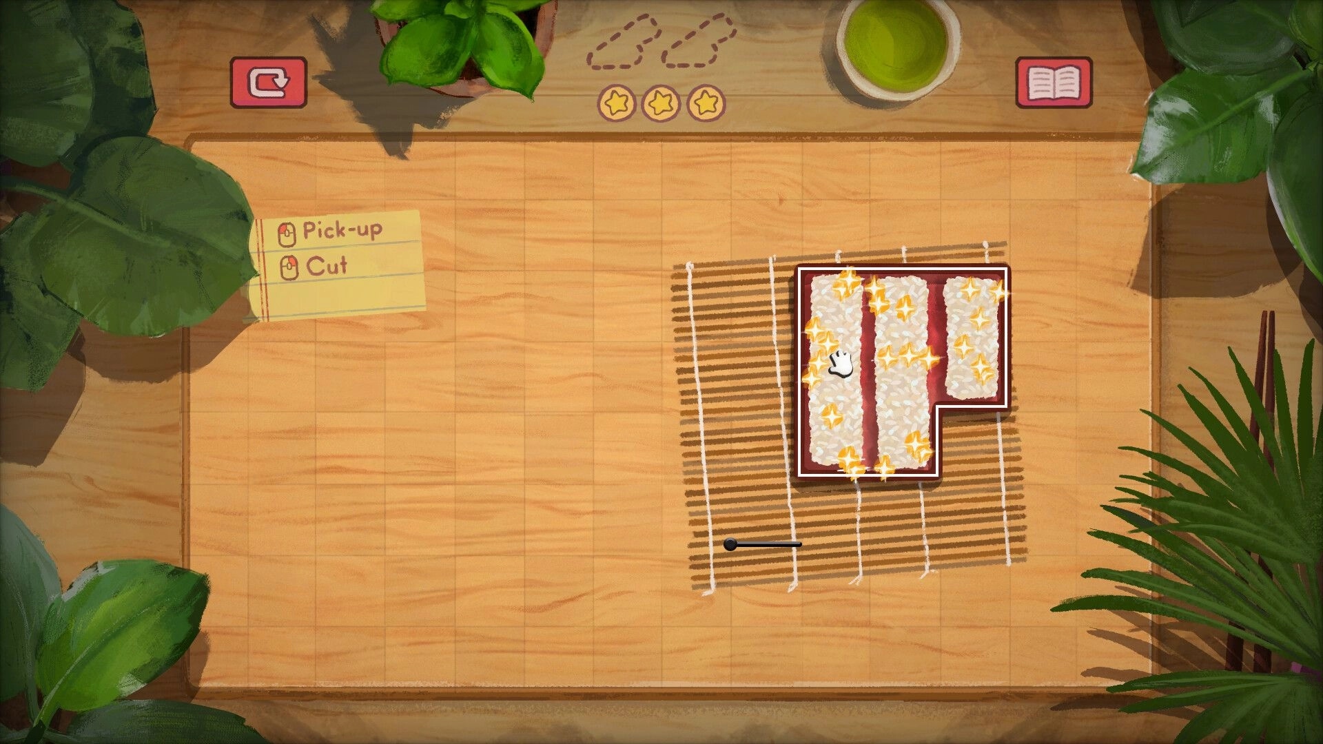 Bento Blocks: Puzzle interface with a cutting board and sushi pieces ready to be arranged into shape