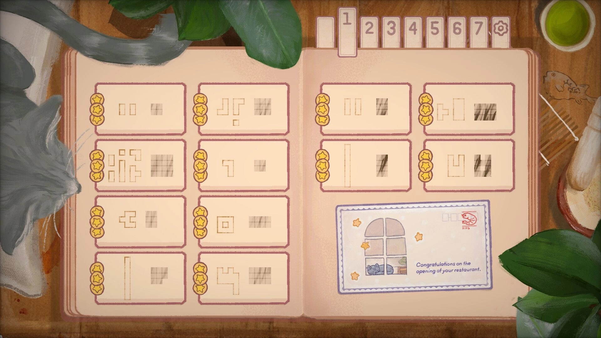 Bento Blocks: Puzzle grid with ingredient shapes and completion stars in a cozy kitchen notebook setting.