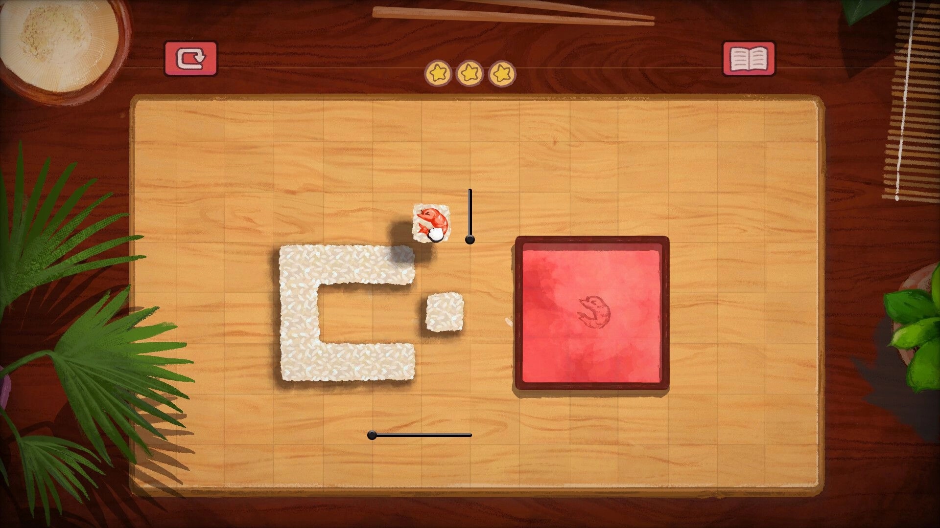 Bento Blocks: Puzzle board with rice block arrangement and sushi piece on wooden table setting