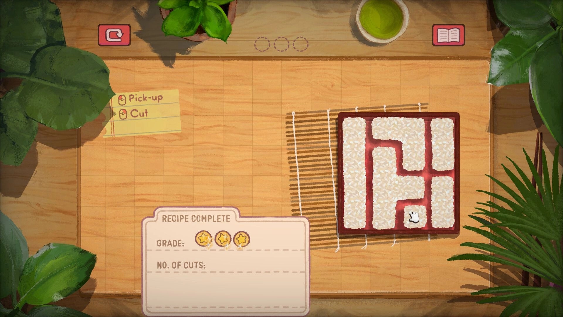Bento Blocks: Recipe complete with three-star grade, rice blocks puzzle on wooden table, plant decor