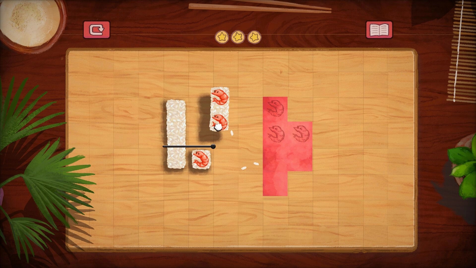 Bento Blocks: Ingredient-cutting puzzle with sushi pieces arranged on a wooden board in a cozy setting
