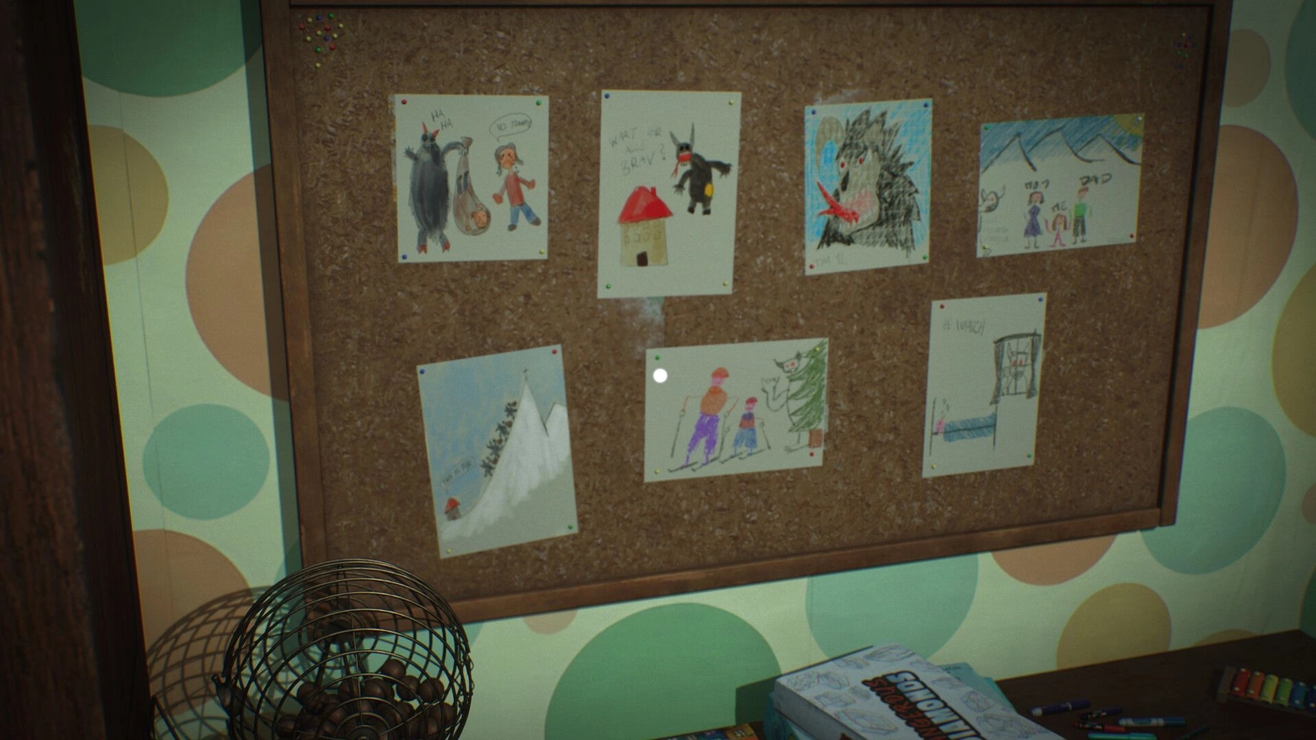 Berghotel Heist: Children's drawings on a bulletin board in a dimly lit hotel room