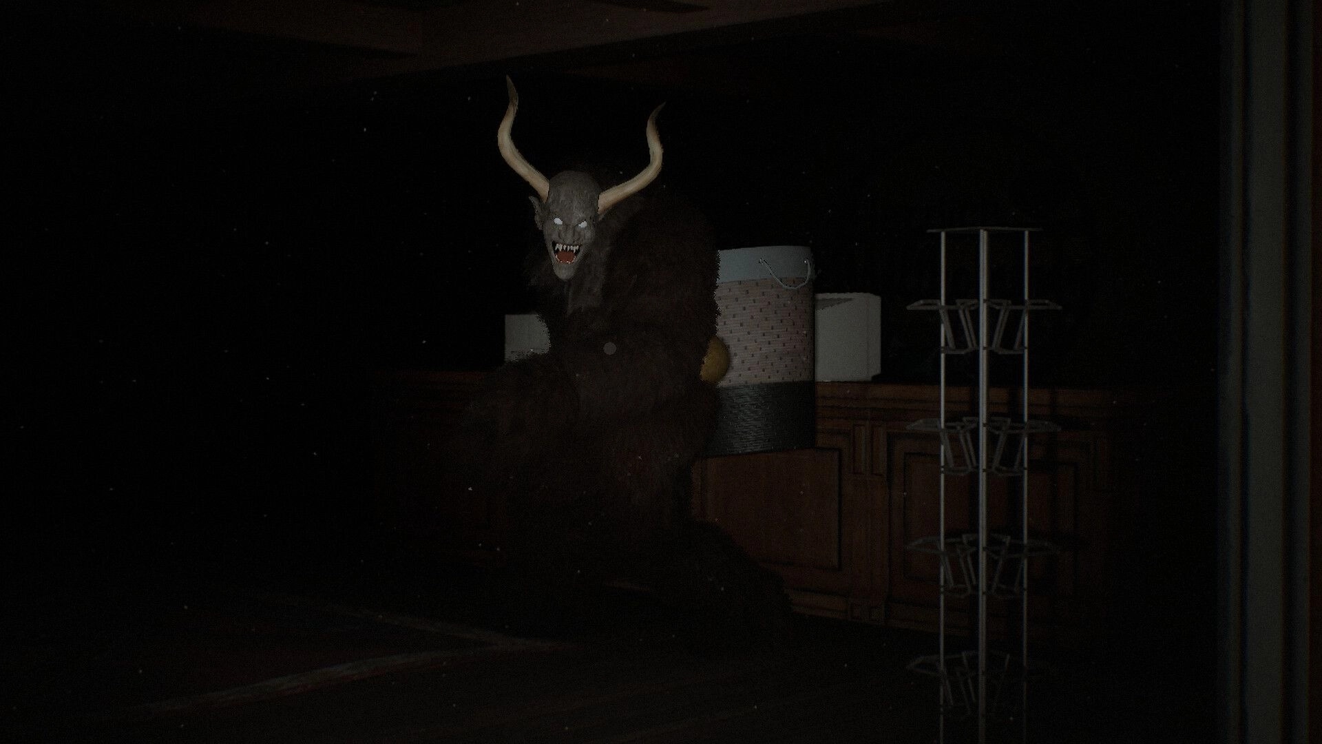 Berghotel Heist: Horned creature lurks in dimly lit hotel storage room with boxes and shelves visible.