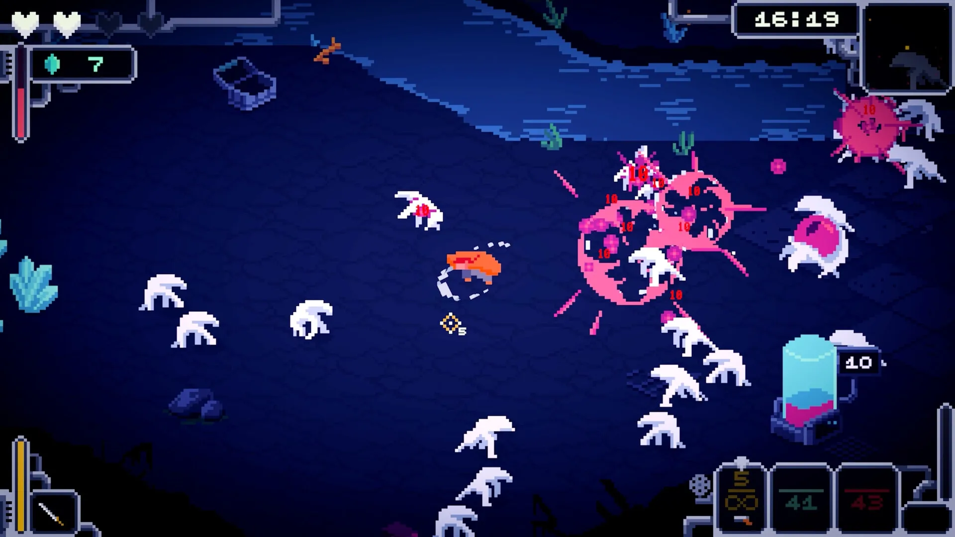Bermuda Survivor: Player fights hordes of white clawed enemies in dark pixelated terrain, UI in corners.