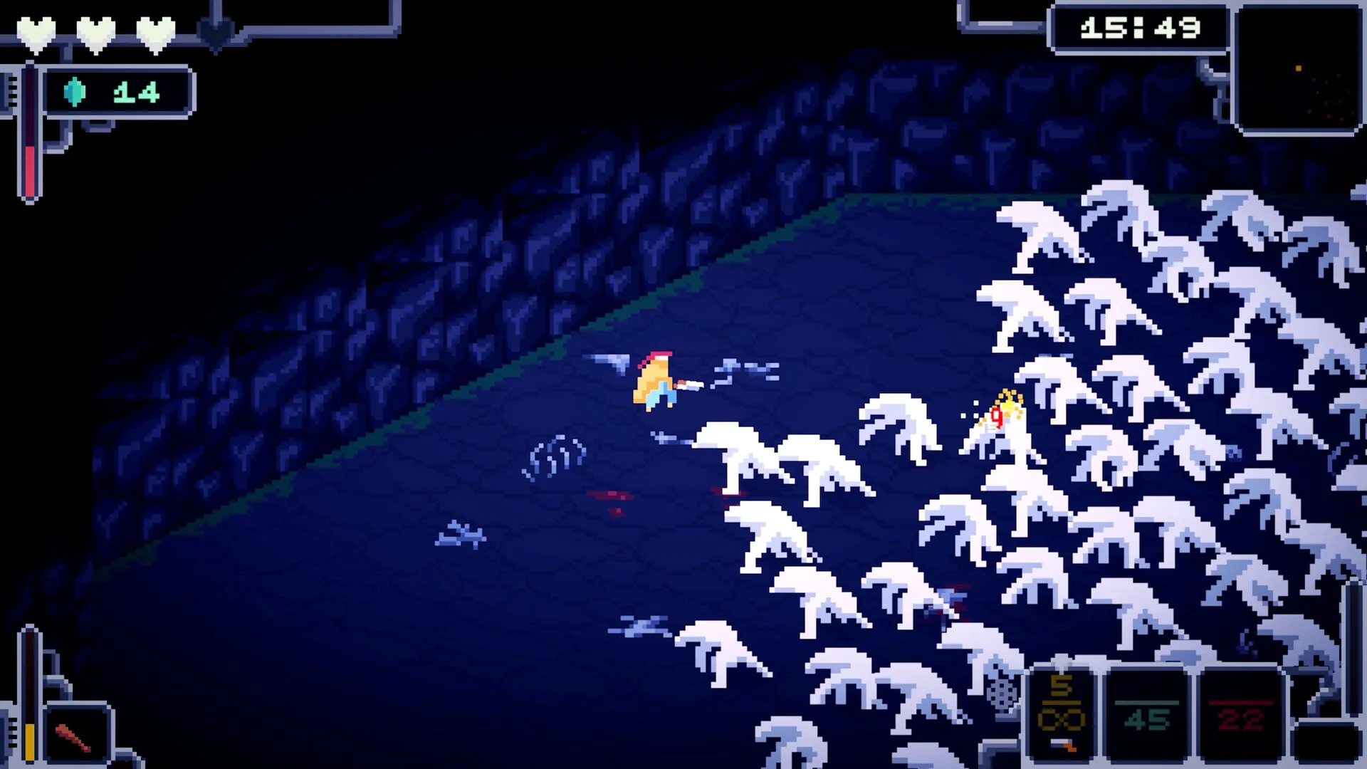 Bermuda Survivor: Player battles white creatures in a dark dungeon with health and timer displayed