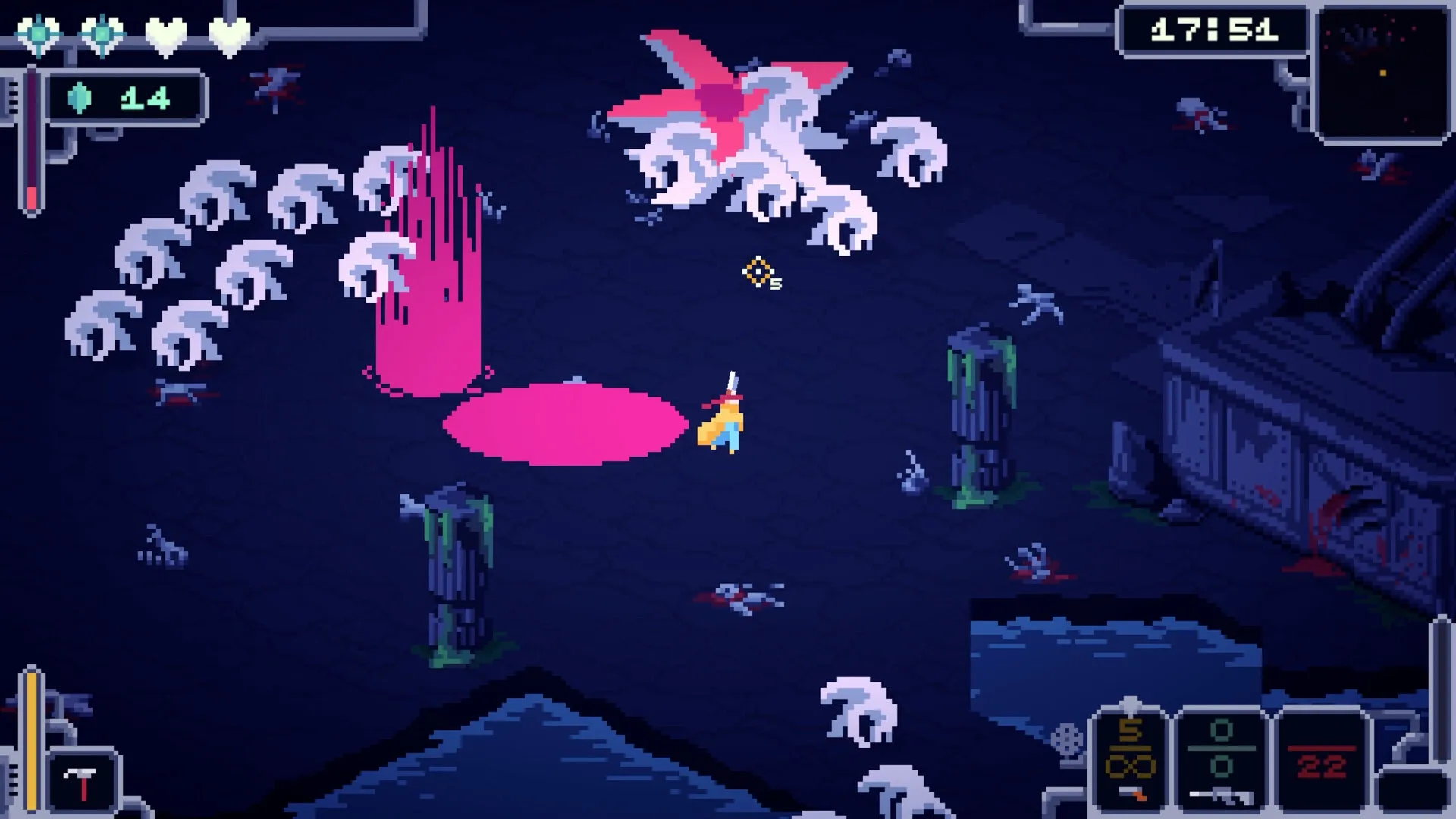 Bermuda Survivor: Player evades pink vortex and enemy swarm in dark, pixelated dungeon setting.