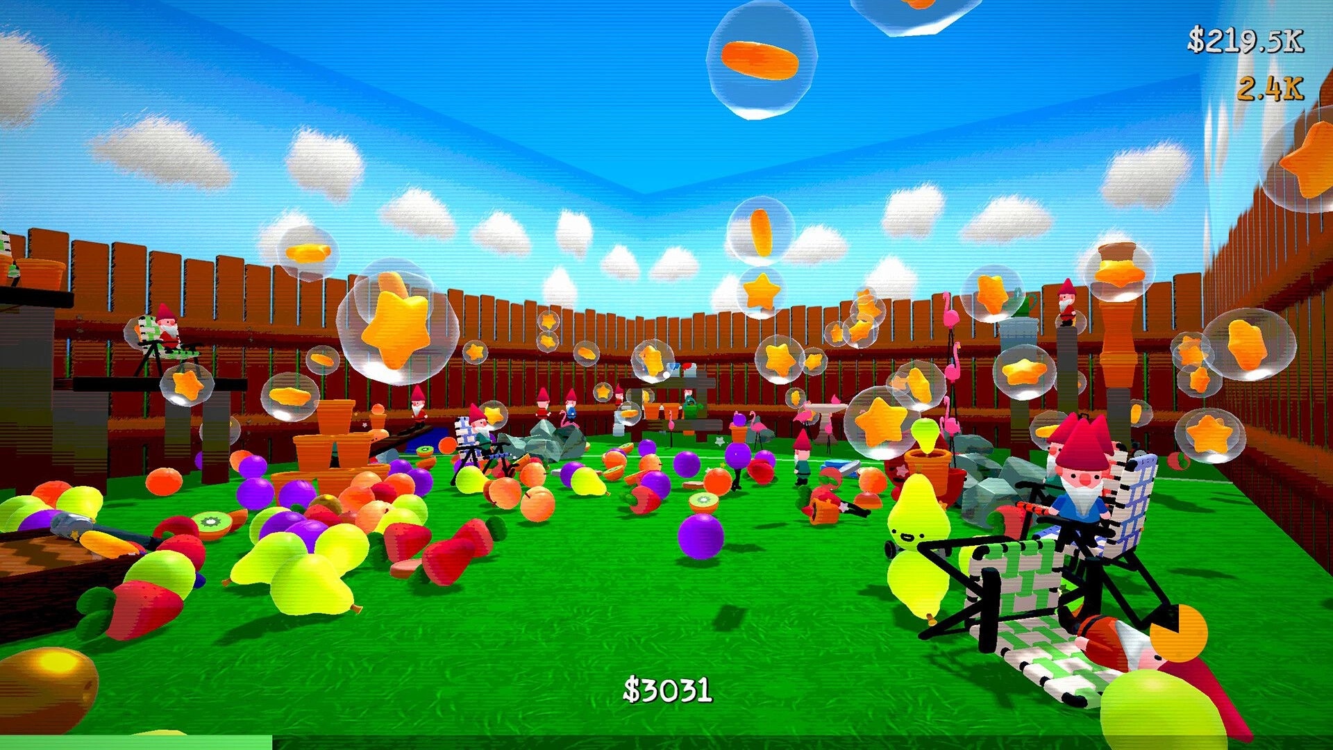Berry Bury Berry: Gnomes and sentient berries fill vibrant garden with floating currency bubbles, $3031 shown