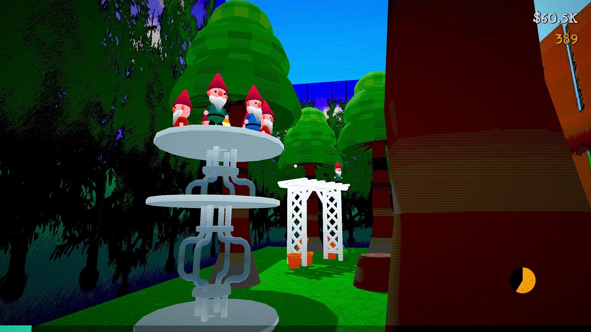 Berry Bury Berry: Gnome statues on tiered stand in vibrant garden with trees and white arch nearby