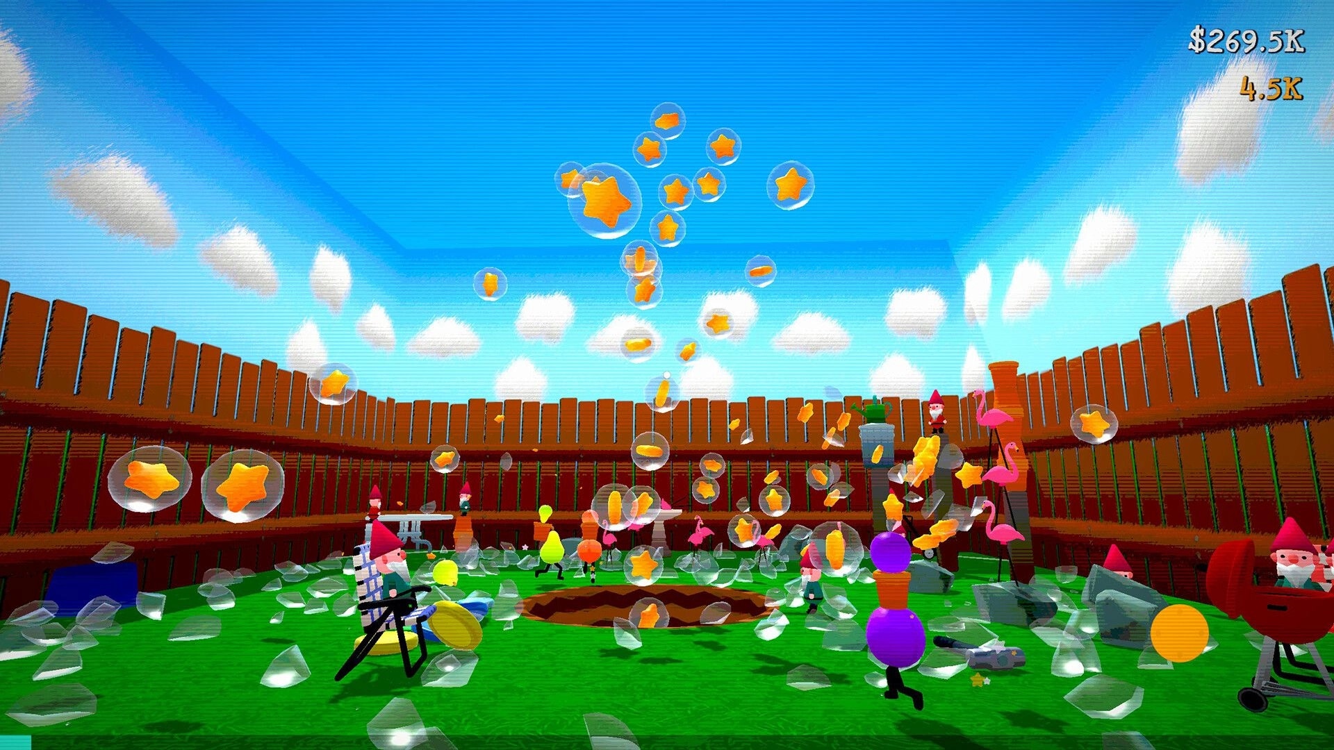 Berry Bury Berry: Berries and coins float over a grassy yard with garden gnomes and a wooden fence