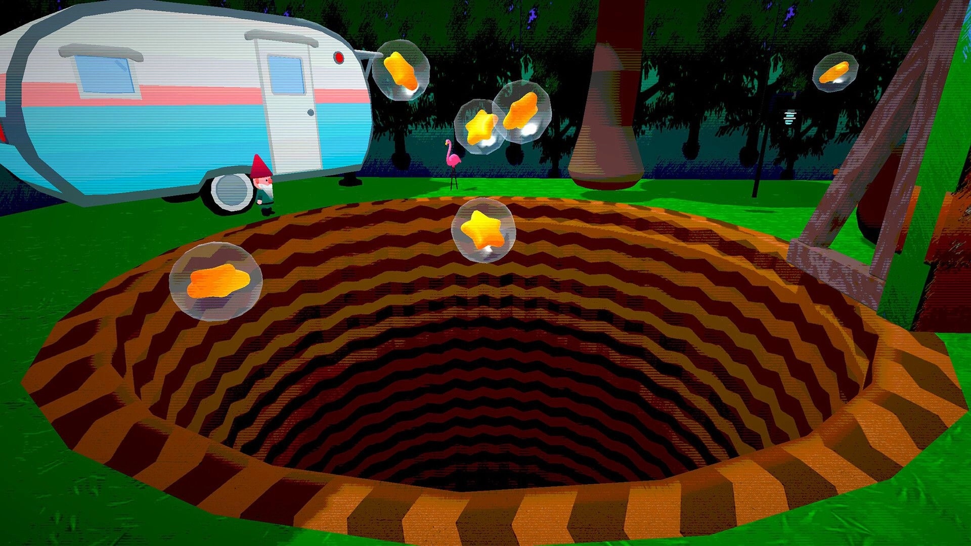 Berry Bury Berry: Floating berries over a zigzagged hole beside a camper and garden gnome in a forest.
