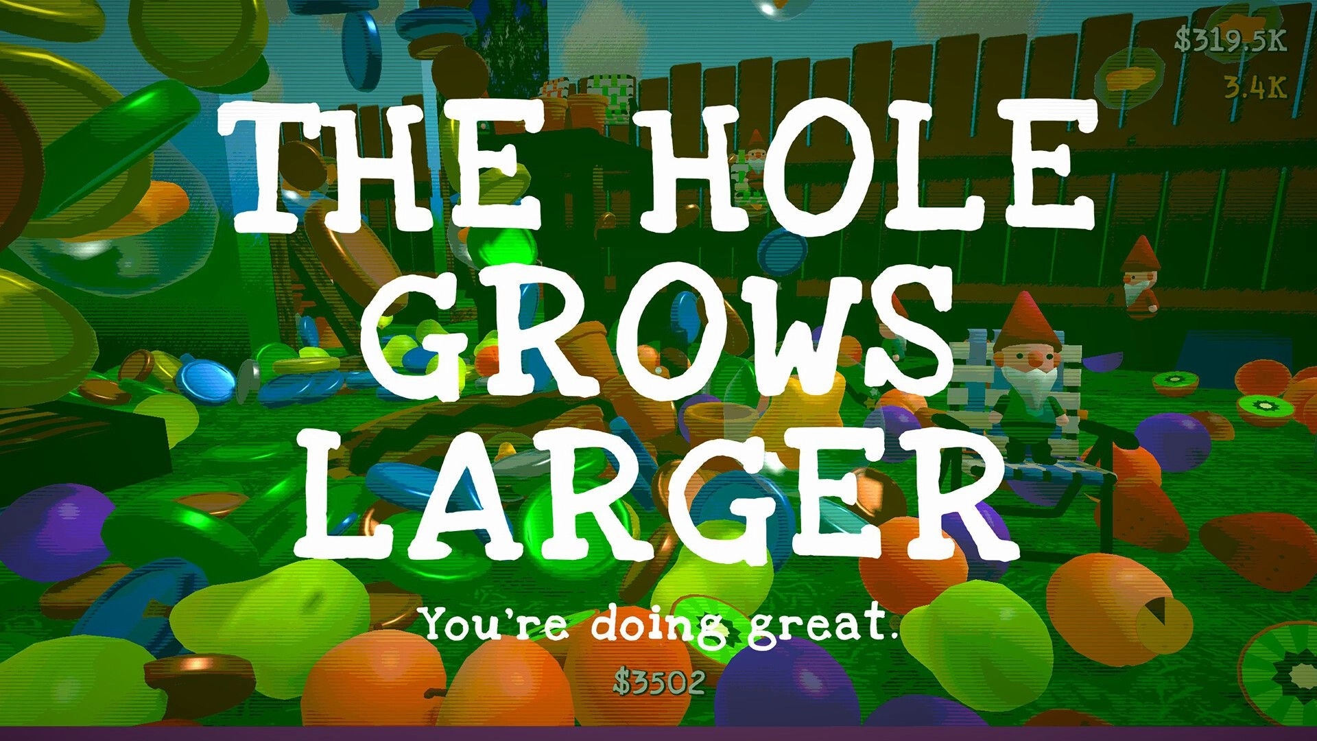 Berry Bury Berry: Gnomes surrounded by colorful berries and coins with message "The hole grows larger."