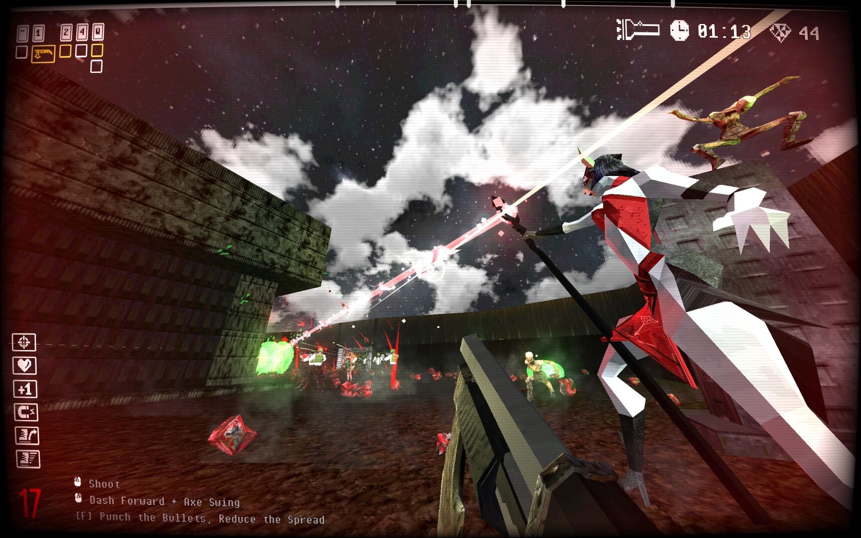 Berserker's Domain: First-person combat with demons under stormy night sky, UI displays weapon options
