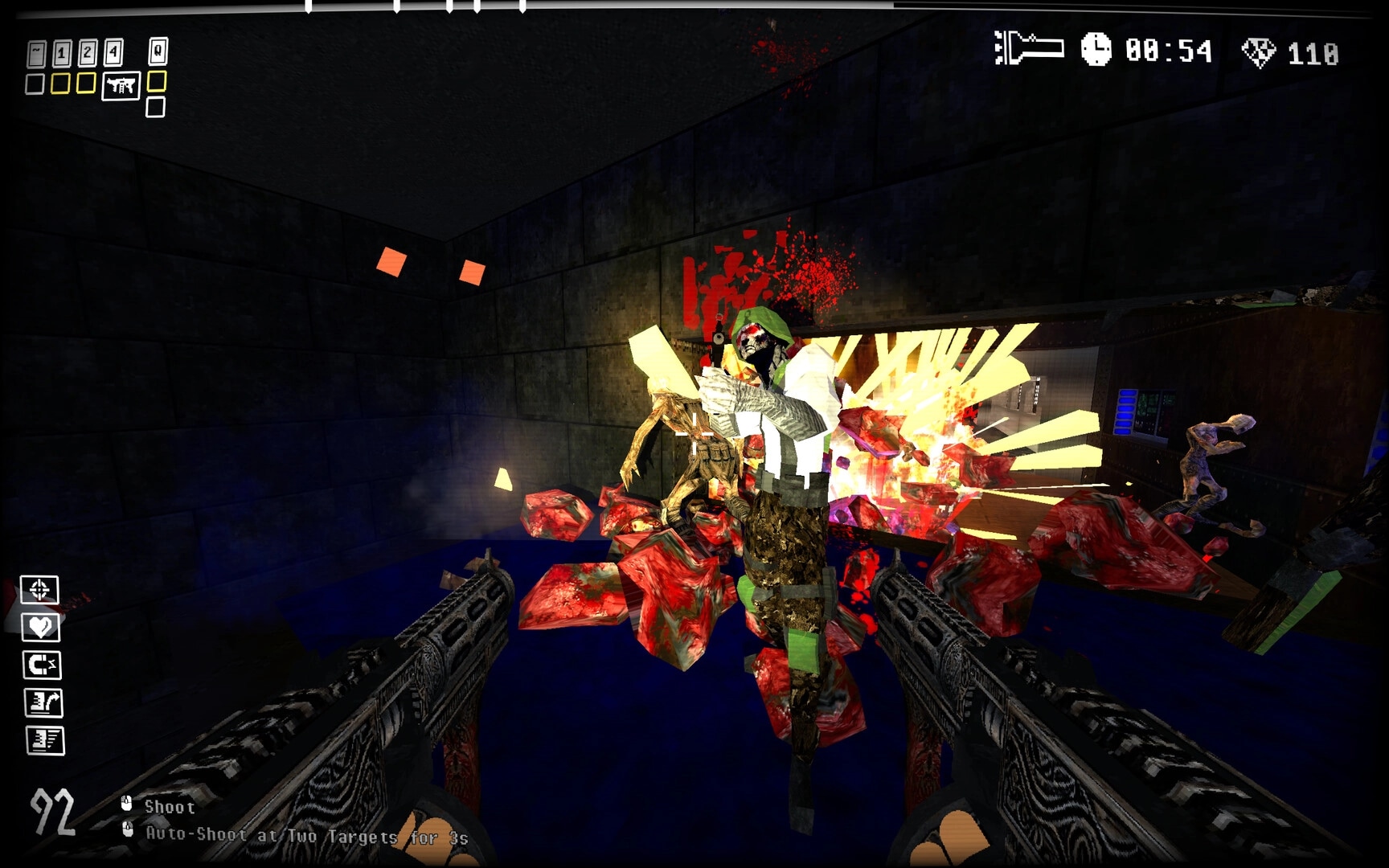 Berserker's Domain: Dual-wielding pistols in chaotic enemy combat within dimly lit dungeon corridors