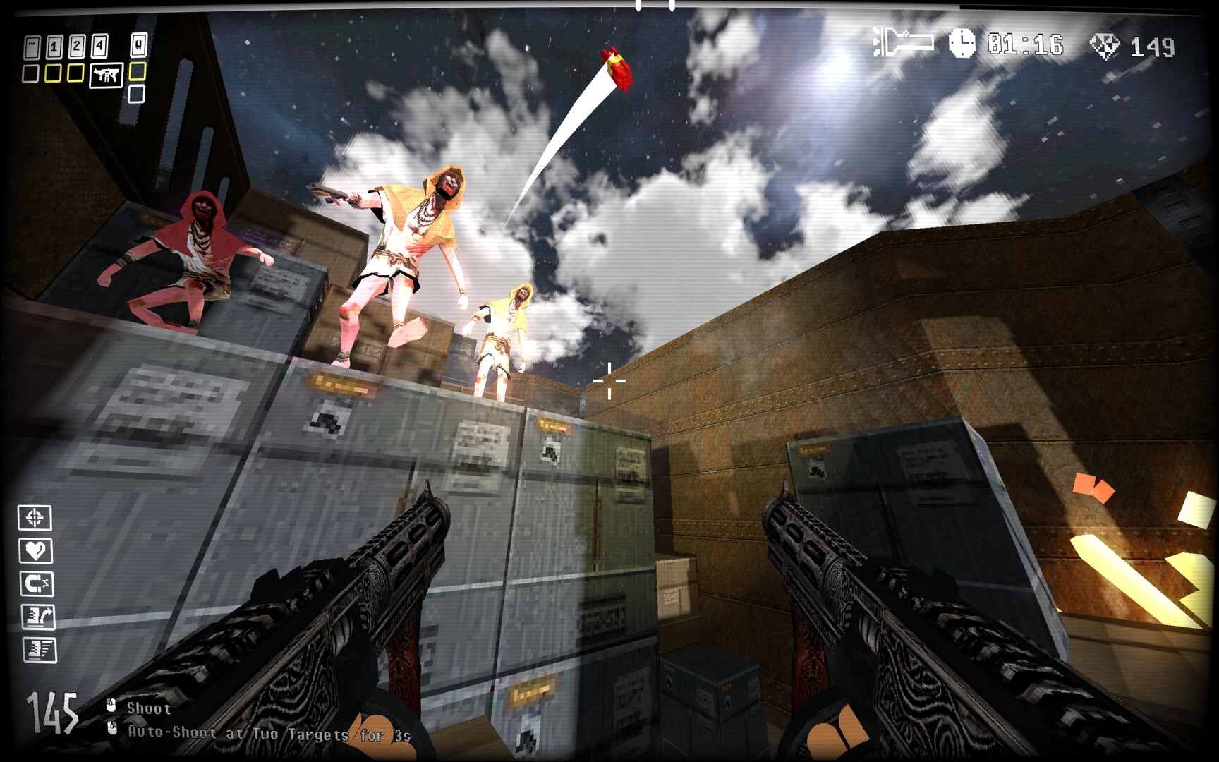 Berserker's Domain: Dual-wielding guns aim at enemies on crates under a starry night sky.