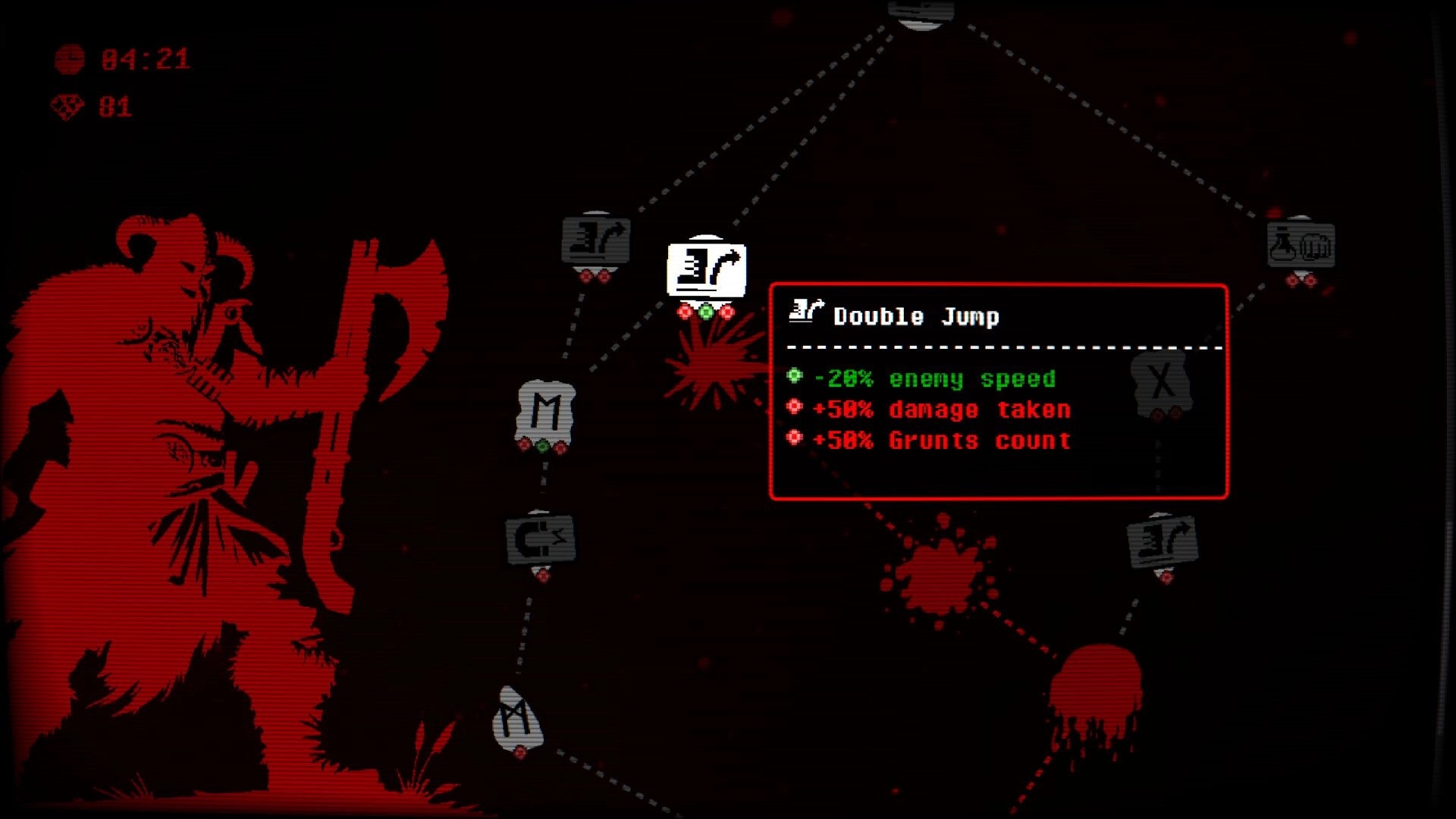 Berserker's Domain: Skill tree interface featuring Double Jump upgrade with stats in a dark red theme