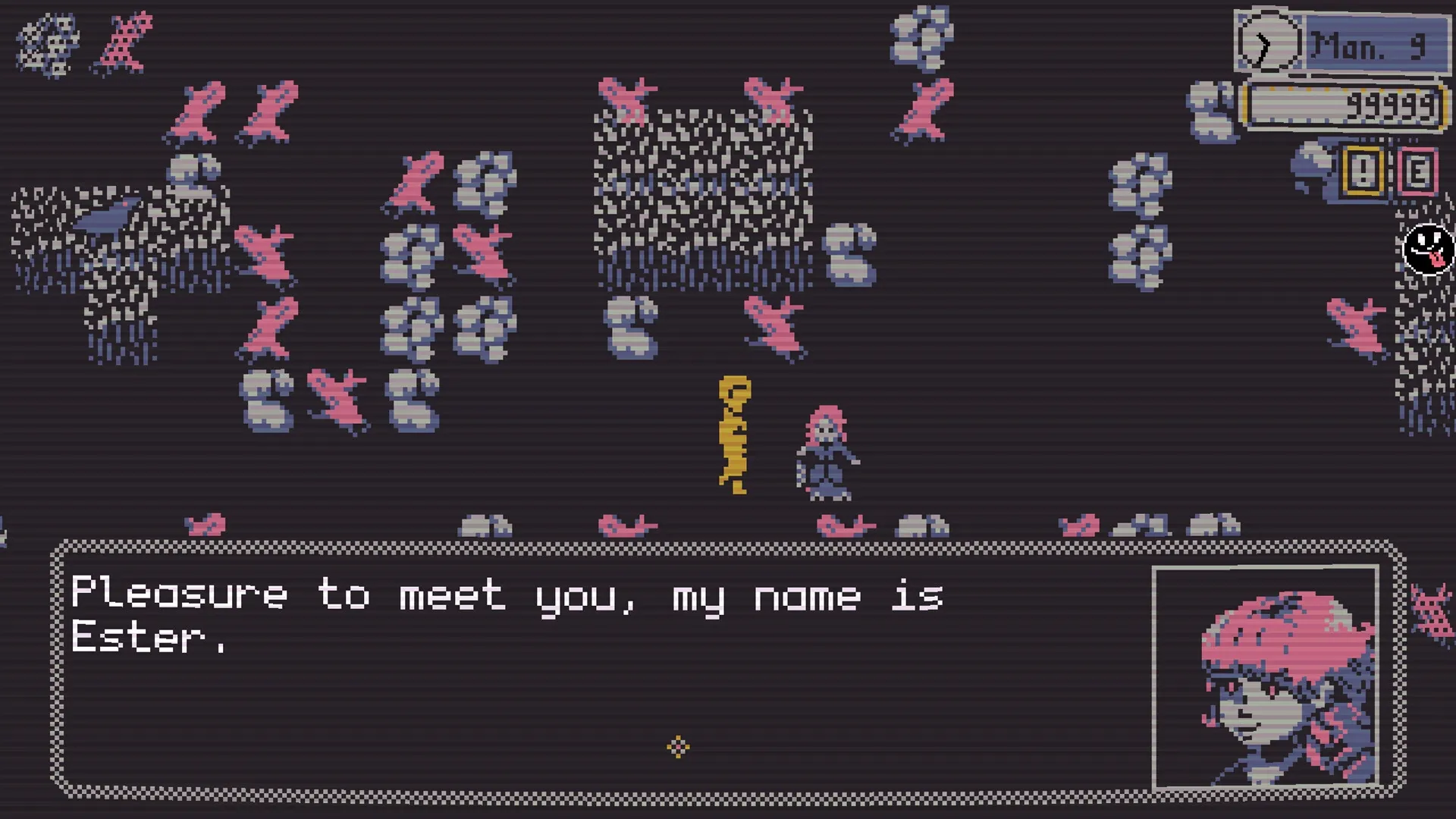 Besmirch: Character Ester introduction in pixelated environment with pink creatures and stone paths.